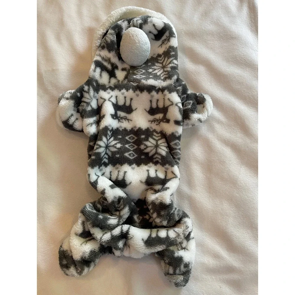 Grey White Fair Isle Reindeer Fleece Pet Pajamas Hooded Dog Cat One Piece Small